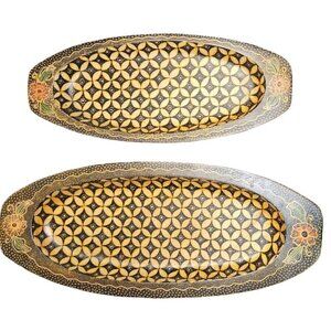 Wooden Trays Handcrafted Oval  With Intricate Batik Design Tribal decor Black